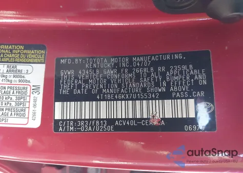 2007 Toyota Camry Le из США, поврежденный, VIN 4T1BE46KX7U155342